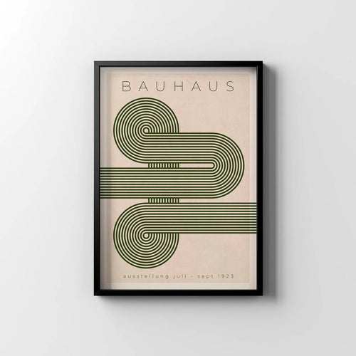 Póster Bauhaus 1923 Vynil con composición geométrica de líneas concéntricas serpentinas en beige y crema, diseño oficial de la exposición histórica en Weimar